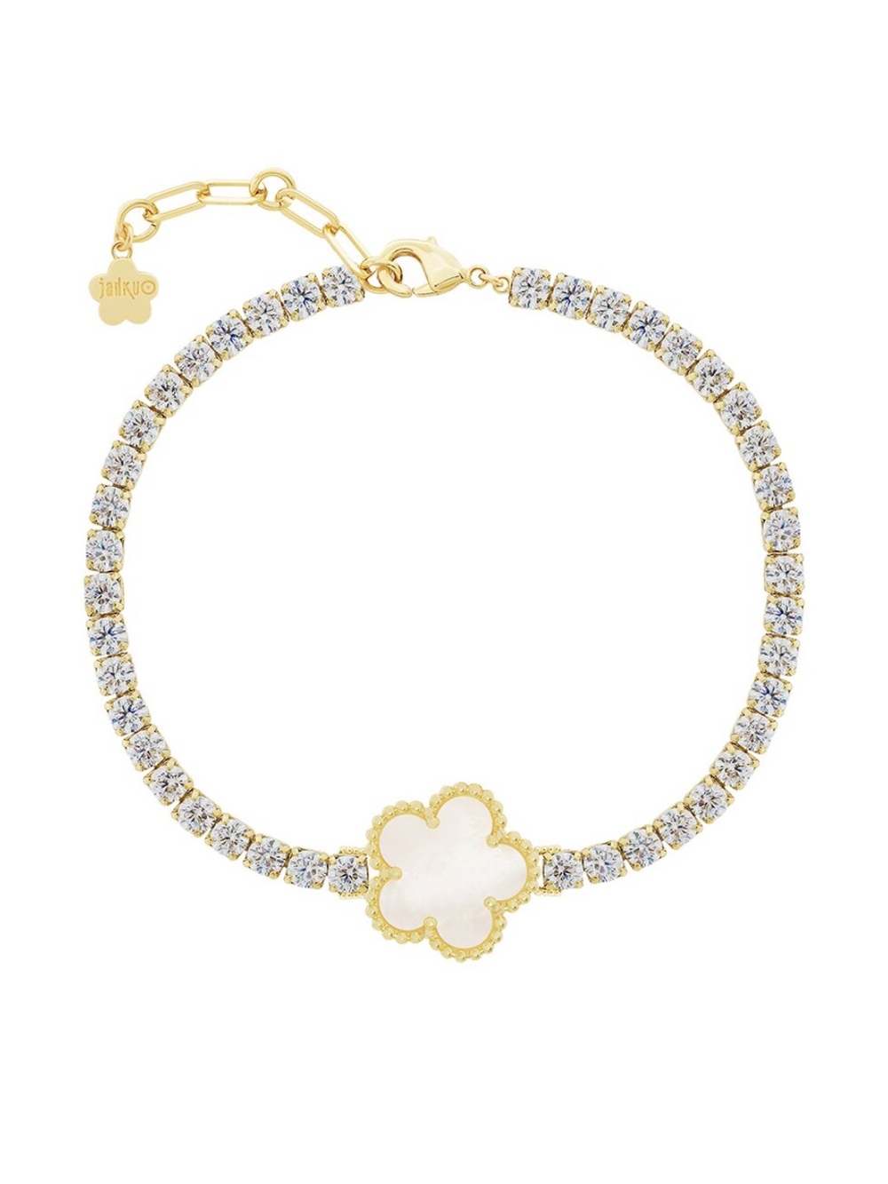 Gold Crystal Tennis Bracelet with Mother-of-Pearl Clover Charm
